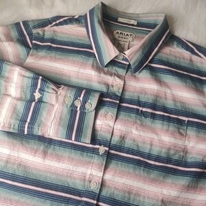 ARIAT Women's Kirby Stretch Shirt Sz M Blue Teal Button Up Country Western